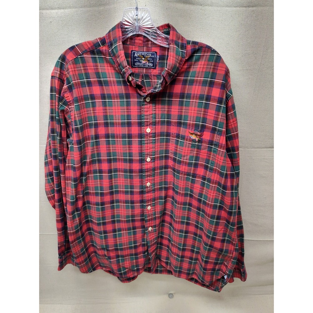 American Living Mens Plaid Button Down Shirt Red Green Eagle Logo Long Sleeve